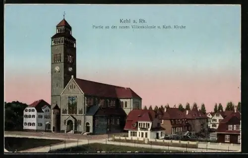 Goldfenster-AK Kehl, neue Villenkolonie an der Katholischen Kirche, Häuser mit leuchtenden Fenstern