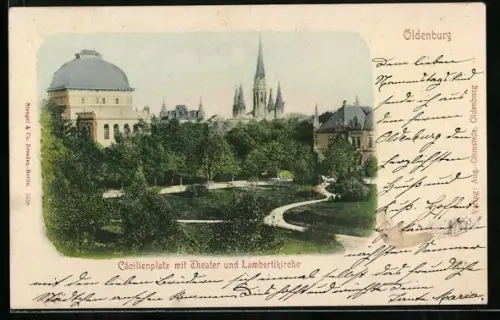 AK Oldenburg / O., Cäcilienplatz mit Theater und Lambertikirche