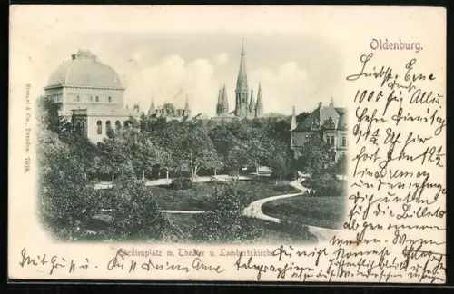 AK Oldenburg / O., Cäcilienplatz mit Theater und Lambertikirche
