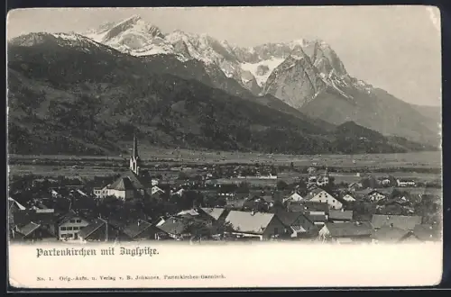 AK Partenkirchen, Zugspitze, Ortsansicht mit Kirche