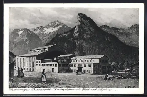 AK Oberammergau, Passionsspiel-Theatergebäude mit Kofel und Notgebirge