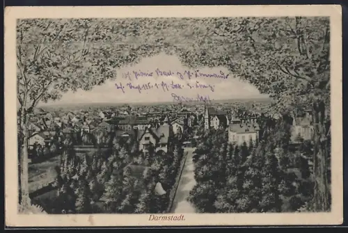 AK Darmstadt, Stadtansicht mit Allee und Wohnhäusern