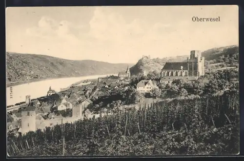 AK Oberwesel, Stadtansicht mit Kirche und Rhein
