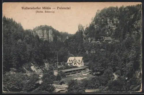 AK Waltersdorf / Sächs. Schweiz, Polenztal, Waltersdorfer Mühle, Felsenlandschaft