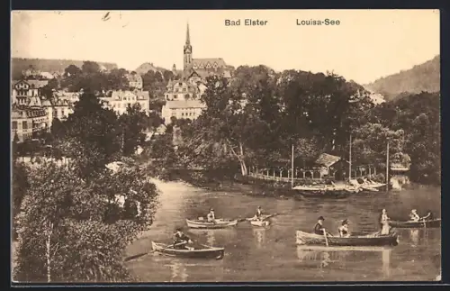 AK Bad Elster, Louisa-See, Ruderboote, Stadtansicht, Kirche