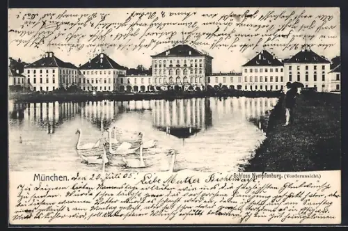 AK München, Schloss Nymphenburg, Vorderansicht, Schwäne, Parkanlage