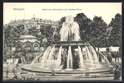 AK Stuttgart, Schlossplatz, Musikpavillon, Brunnen