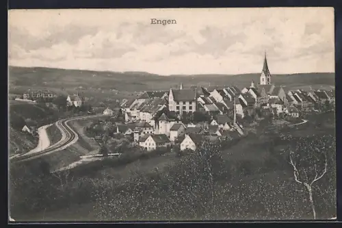 AK Engen, Ortsansicht mit Kirche und Bahnlinie