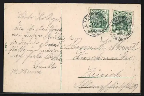 AK Engen, Ortsansicht mit Kirche und Bahnlinie