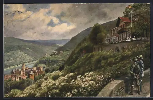 AK Heidelberg, Molkenkur, Blick auf Schloss und Neckar