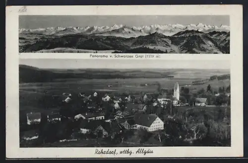 AK Rohrdorf / Allgäu, Panorama vom Schwarzen Grat, Ortsansicht mit Kirche