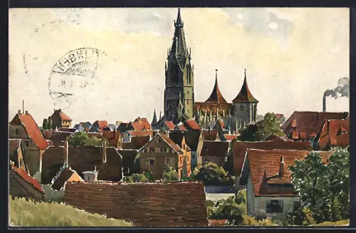 Künstler-AK Reutlingen, Stadtansicht mit Kirche