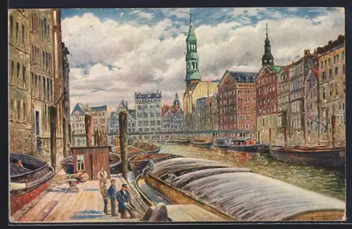 Künstler-AK Hamburg, Fleet mit Reimersbrücke und Katharinenkirche