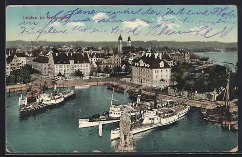 AK Lindau im Bodensee, Hafen, Löwe, Schiffe