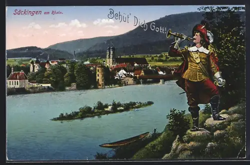 AK Säckingen am Rhein, Stadtansicht mit Trompeter und Rheininsel