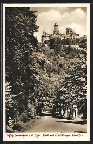 AK Braunfels a. d. Lahn, Weilburger Chaussee mit Blick auf das Schloss Braunfels