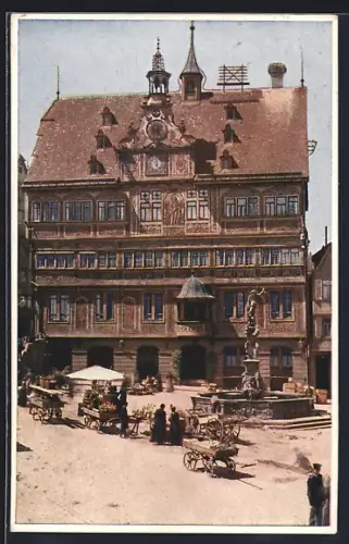 AK Tübingen, Rathaus mit belebten Marktplatz und Brunnen
