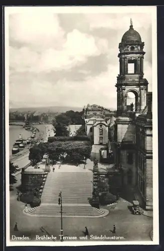 AK Dresden, Brühlsche Terrasse und Ständehausturm