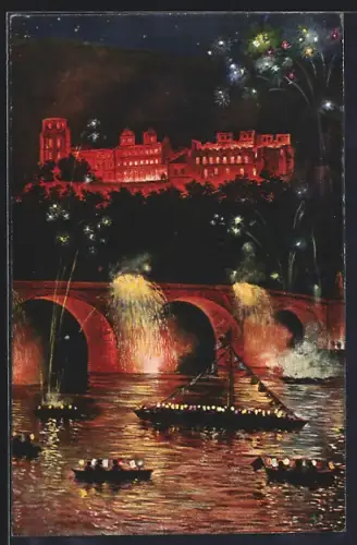 AK Heidelberg, Das Schloss beleuchtet bei Nacht