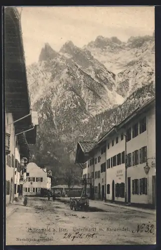 AK Mittenwald / Isar, Untermarkt mit Karwendel