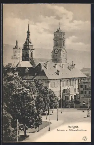 AK Stuttgart, Blick auf das Rathaus und die Stiftskirchentürme