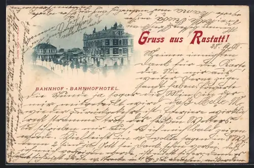 AK Rastatt, Blick auf den Bahnhof und das Bahnhofhotel