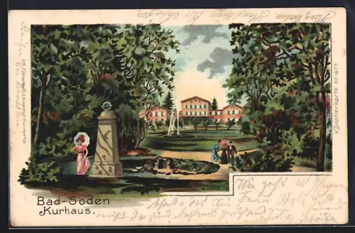 Lithographie Bad Soden / Taunus, Blick auf das Kurhaus