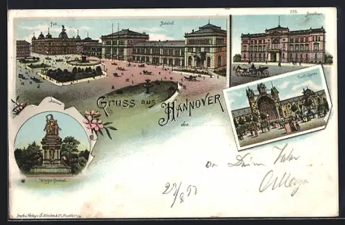 Lithographie Hannover, Bahnhof und Kriegerdenkmal