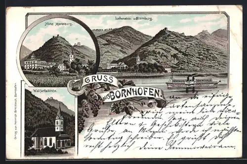 Lithographie Bornhofen, Panorama mit Liebenstein und Sternberg, Hotel Marienberg, an der Wallfahrtskirche