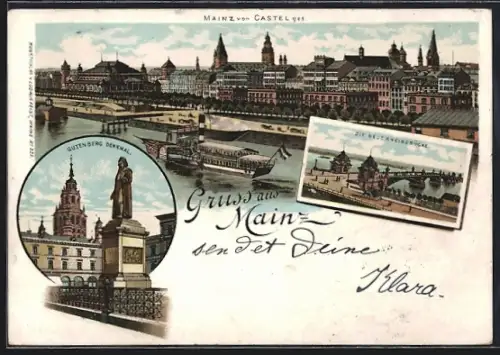 Lithographie Mainz, Totalansicht vom Castel aus, Gutenberg Denkmal, neue Rheinbrücke