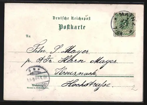 Lithographie Mainz, Totalansicht vom Castel aus, Gutenberg Denkmal, neue Rheinbrücke