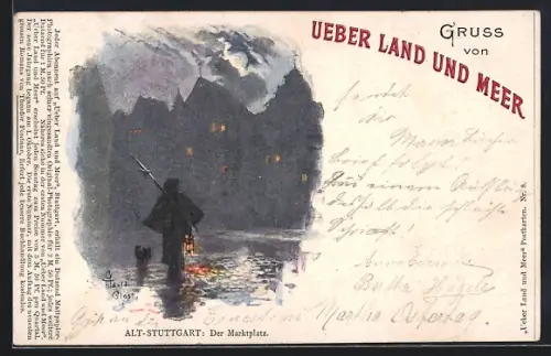 Künstler-AK Stuttgart, Nachtwächter am Marktplatz