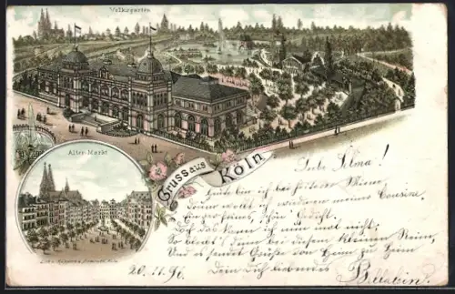 Lithographie Köln, Blick auf den Volksgarten, Alter Markt