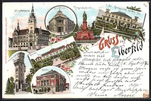 Lithographie Elberfeld, Theater, Gasthaus Haardt, Zoologischer Garten & Berg. Märk. Bank