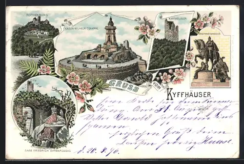 Lithographie Kyffhäuser, Kaiser Wilhelm Denkmal, Reiterstandbild, Rothenburg