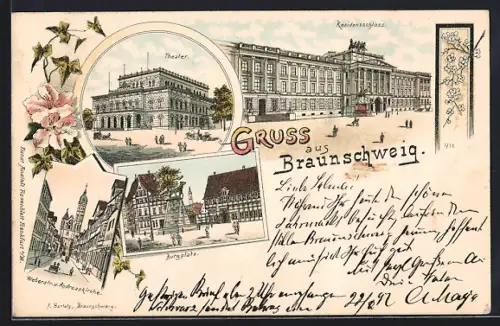 Lithographie Braunschweig, Residenzschloss, Theater, Burgplatz