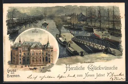 Lithographie Bremen, Partie am Freihafen, Gesamtansicht der Börse