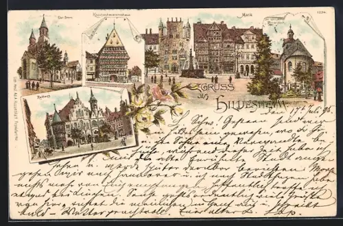 Lithographie Hildesheim, Der Dom, Der jährige Rosenstock, Knochenhaueramtshaus, Rathaus, 1893