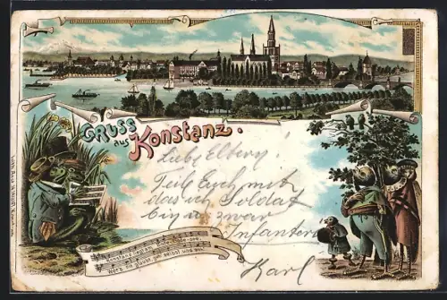 Lithographie Konstanz, Blick auf den Ort, Frösche und Vögel singen