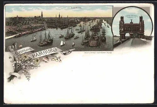 Lithographie Hamburg, Portal der neuen Brücke, Hafen