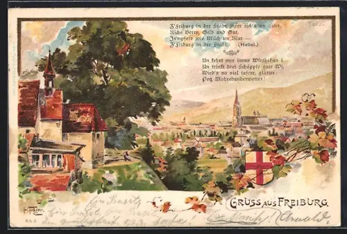 Künstler-AK Freiburg / Breisgau, Totalansicht mit Umgebung
