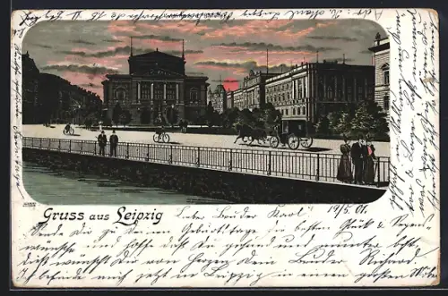Lithographie Leipzig, Konzerthaus und Bibliothek im Abendrot