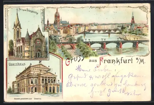 Lithographie Frankfurt a /M., Mainansicht, Opernhaus, Neue Peterskirche