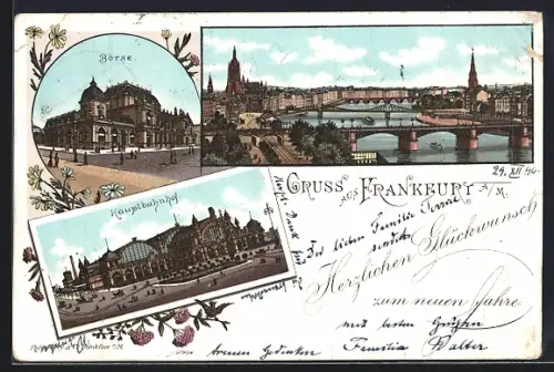 Lithographie Frankfurt a. M., Börse, Hauptbahnhof, Stadtansicht