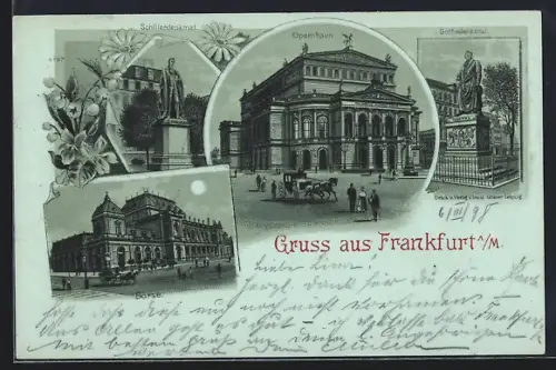Mondschein-AK Frankfurt a. M., Gesamtansicht Opernhaus, Goethedenkmal und Schillerdenkmal