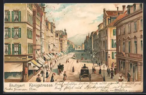 Künstler-AK Stuttgart, Königstrasse mit Geschäften und Strassenbahn