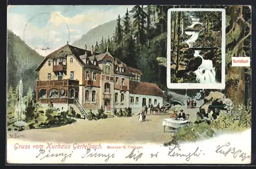 Künstler-AK Gertelbach, Kurhaus Gertelbach mit Wasserfall