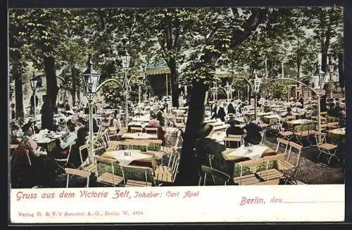 AK Berlin-Tiergarten, Gaststätte Victoria Zelt mit Besuchern auf der Terrasse, Inh. Calr Apel