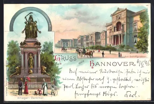 Lithographie Hannover, Am Schiffgarten, Kriegerdenkmal