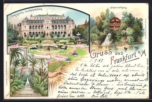 Lithographie Frankfurt-Westend, Palmengarten Gesellschaftshaus, Palmenhaus, Schweizerhaus